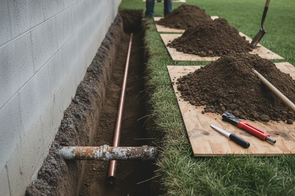 Excavated water line trench during Sewer Line Repair in Roberts